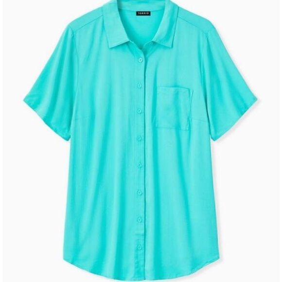 Torrid Aqua Green Stretch Challis Button-Front Shirt - Picture 1 of 7